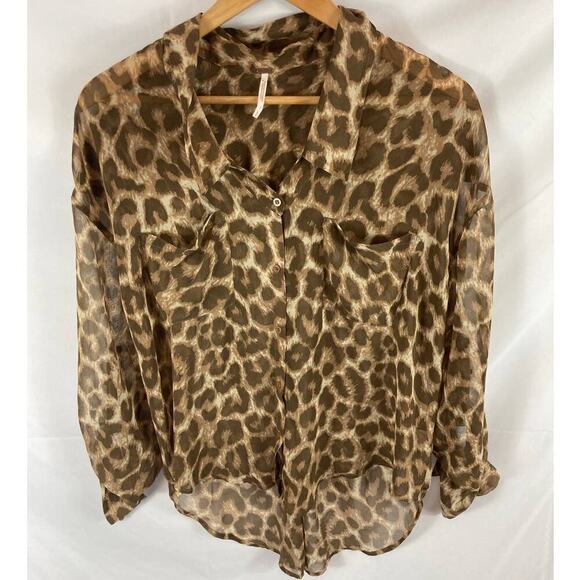Free People Easy Rider Cheetah Button Down Shirt Blouse Drapey Small - Picture 2 of 4